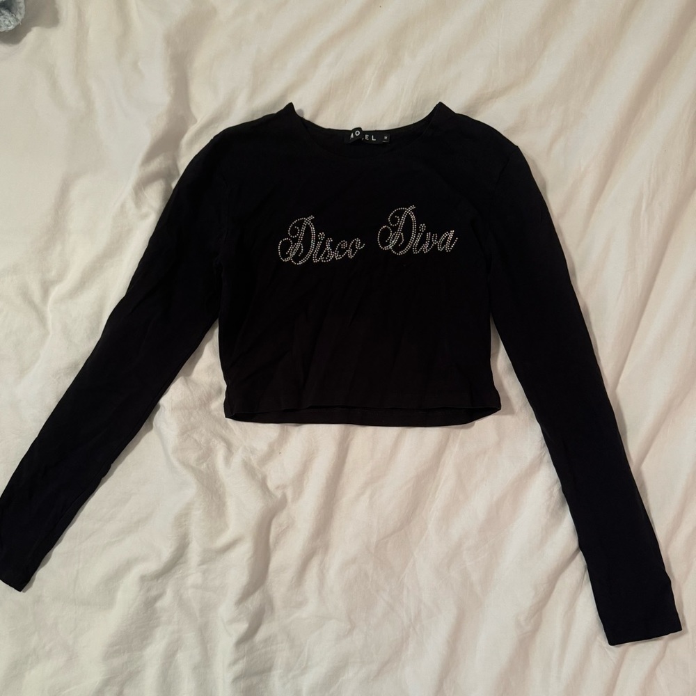 Motel Rocks Bonnie Long Sleeve Crop Top | Bedazzled Graphic